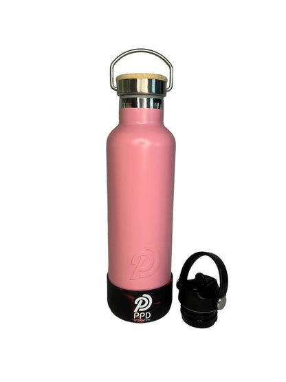 750ml 24oz light pink stainless steel insulated water bottle with black and red bumper and sports lid on side