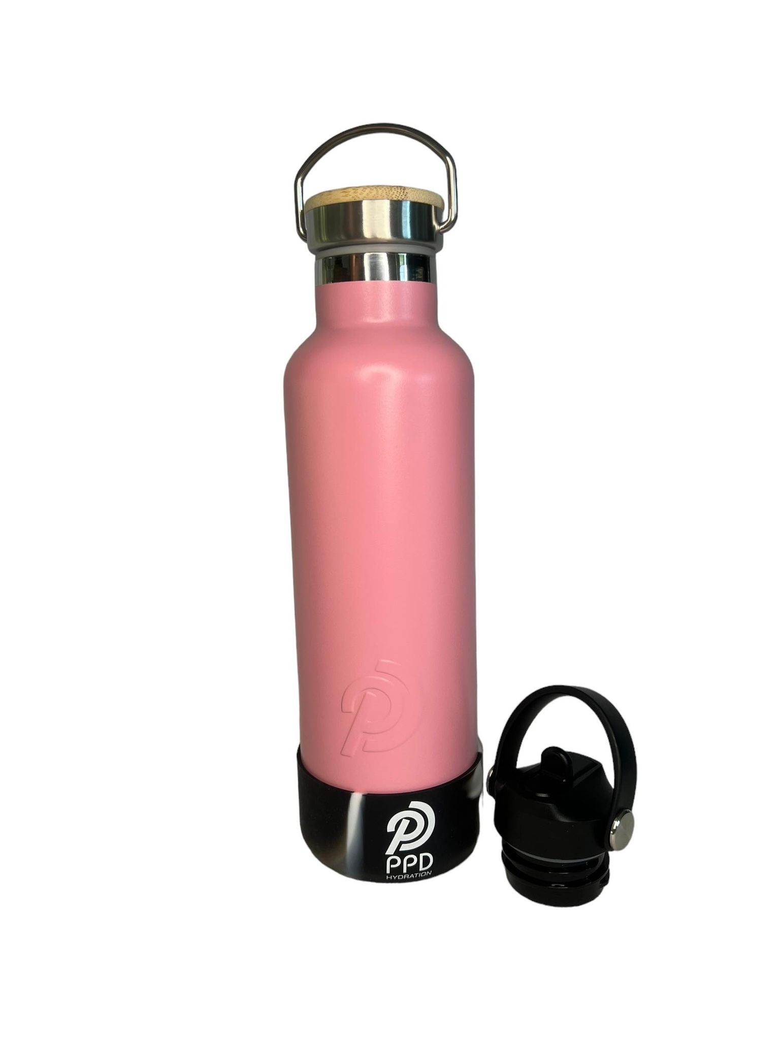 750ml 24oz light pink stainless steel insulated water bottle with black and white bumper