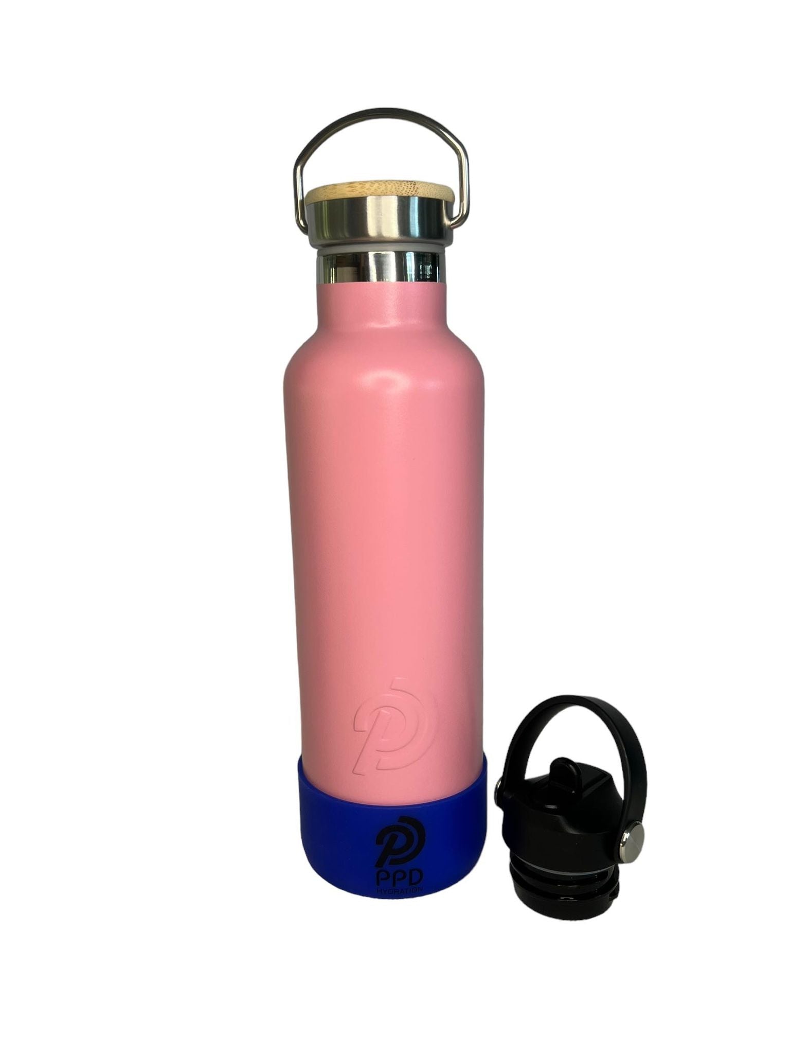 750ml 24oz light pink stainless steel insulated water bottle with blue bumper and sports lid