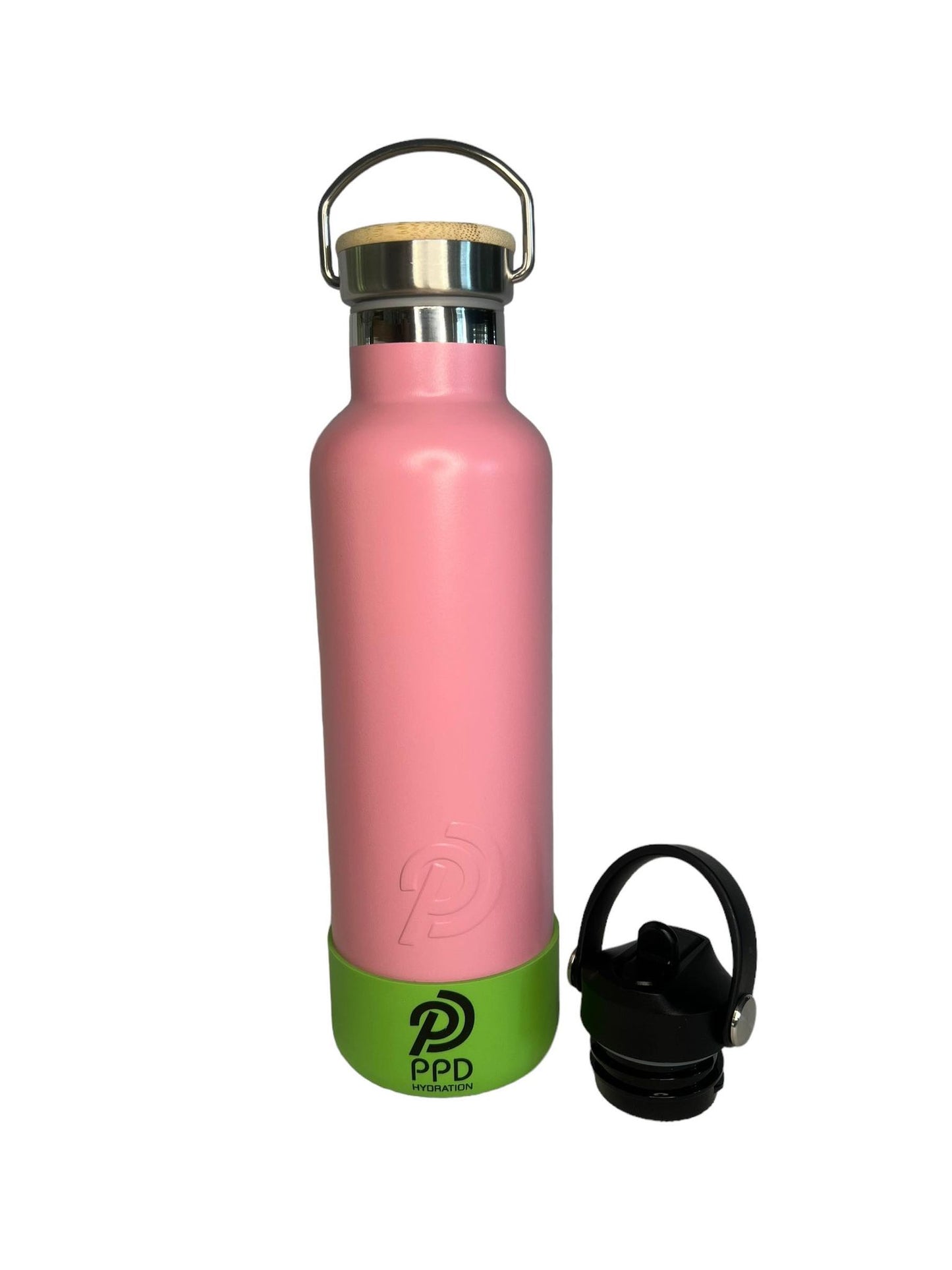 750ml 24oz light pink stainless steel insulated water bottle with green bumper and sports lid on side