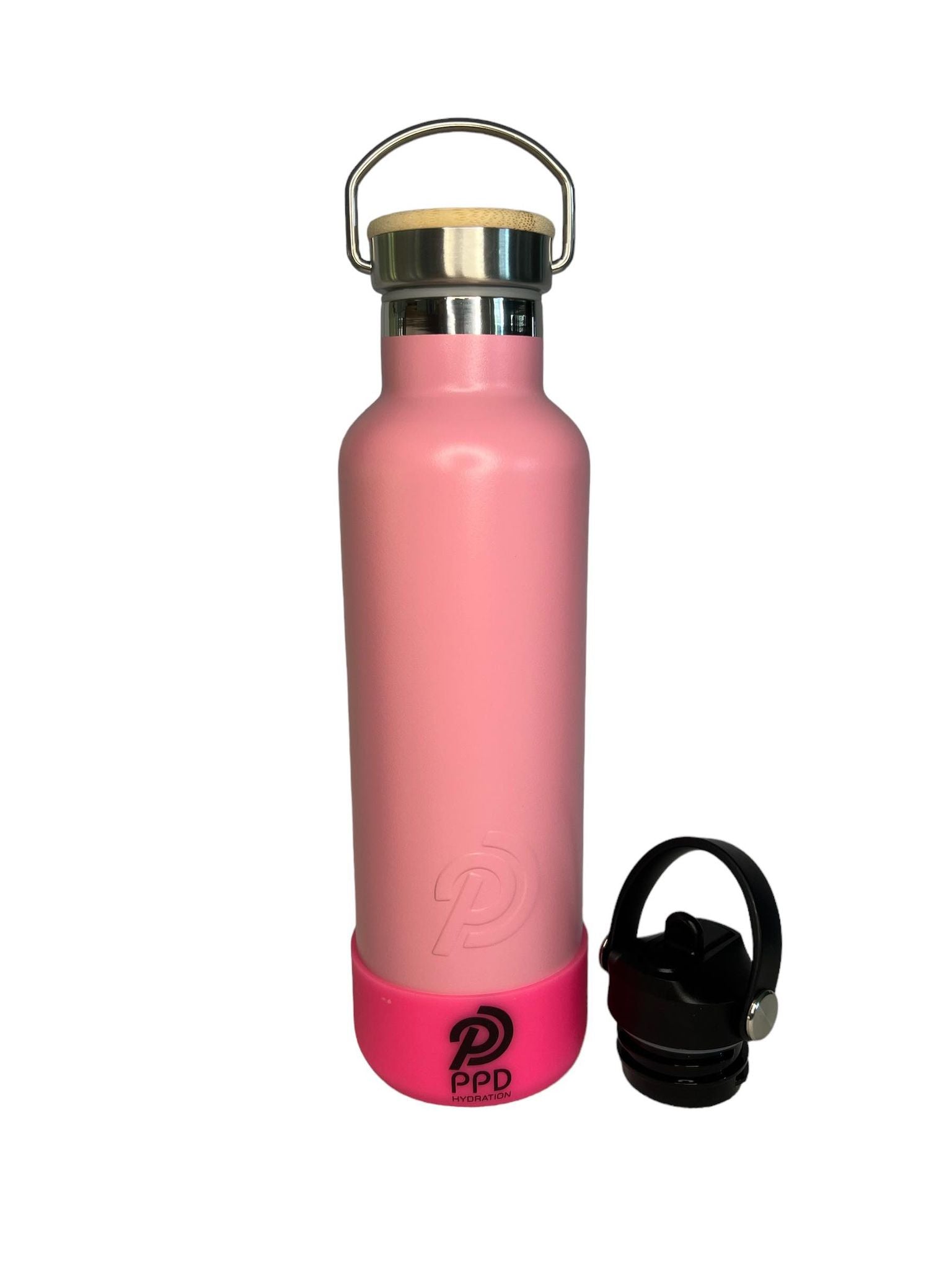 750ml 24oz light pink stainless steel insulated water bottle with hot pinkbumper and sports lid on side