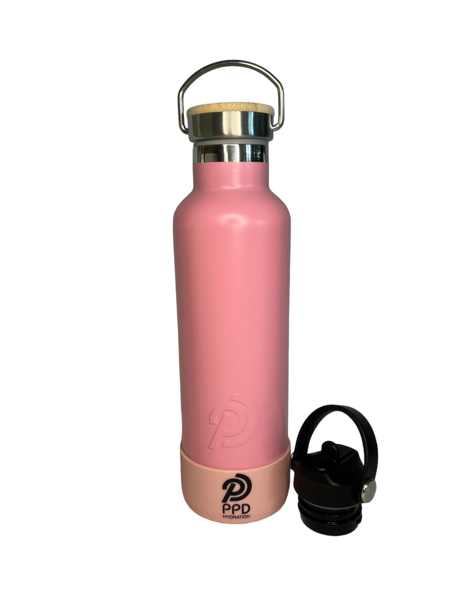 750ml 24oz light pink stainless steel insulated water bottle with light pink bumper and sports lid on side