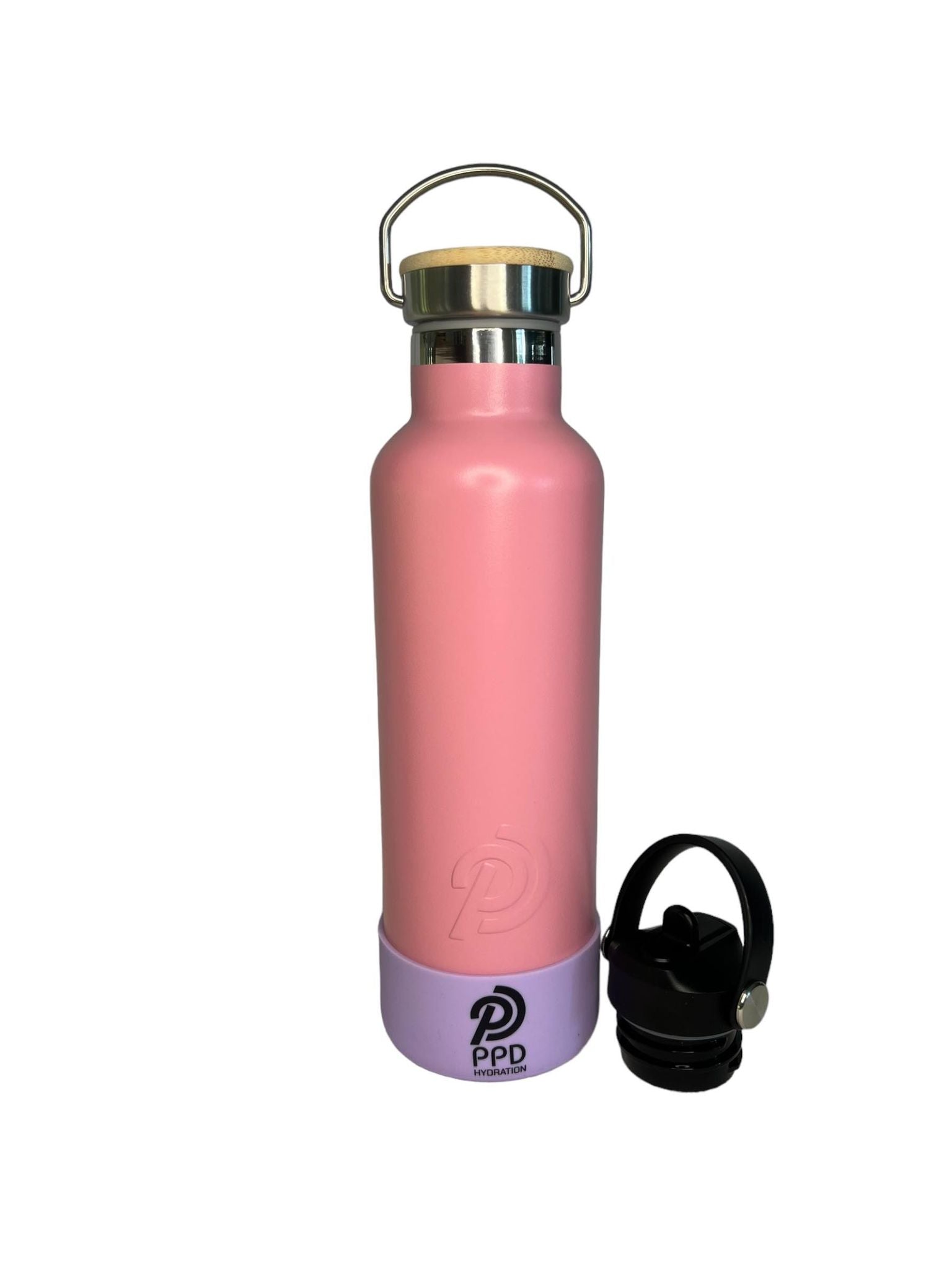 750ml 24oz light pink stainless steel insulated water bottle with lilac bumper and sports lid