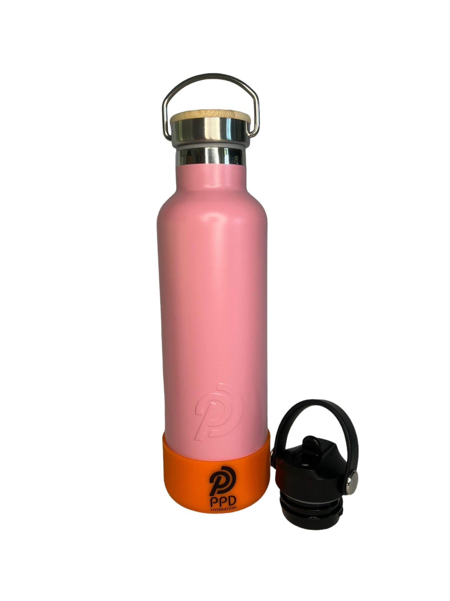 750ml 24oz light pink stainless steel insulated water bottle with orange bumper and sports lid