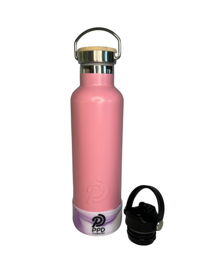 750ml 24oz light pink stainless steel insulated water bottle with black and white bumper