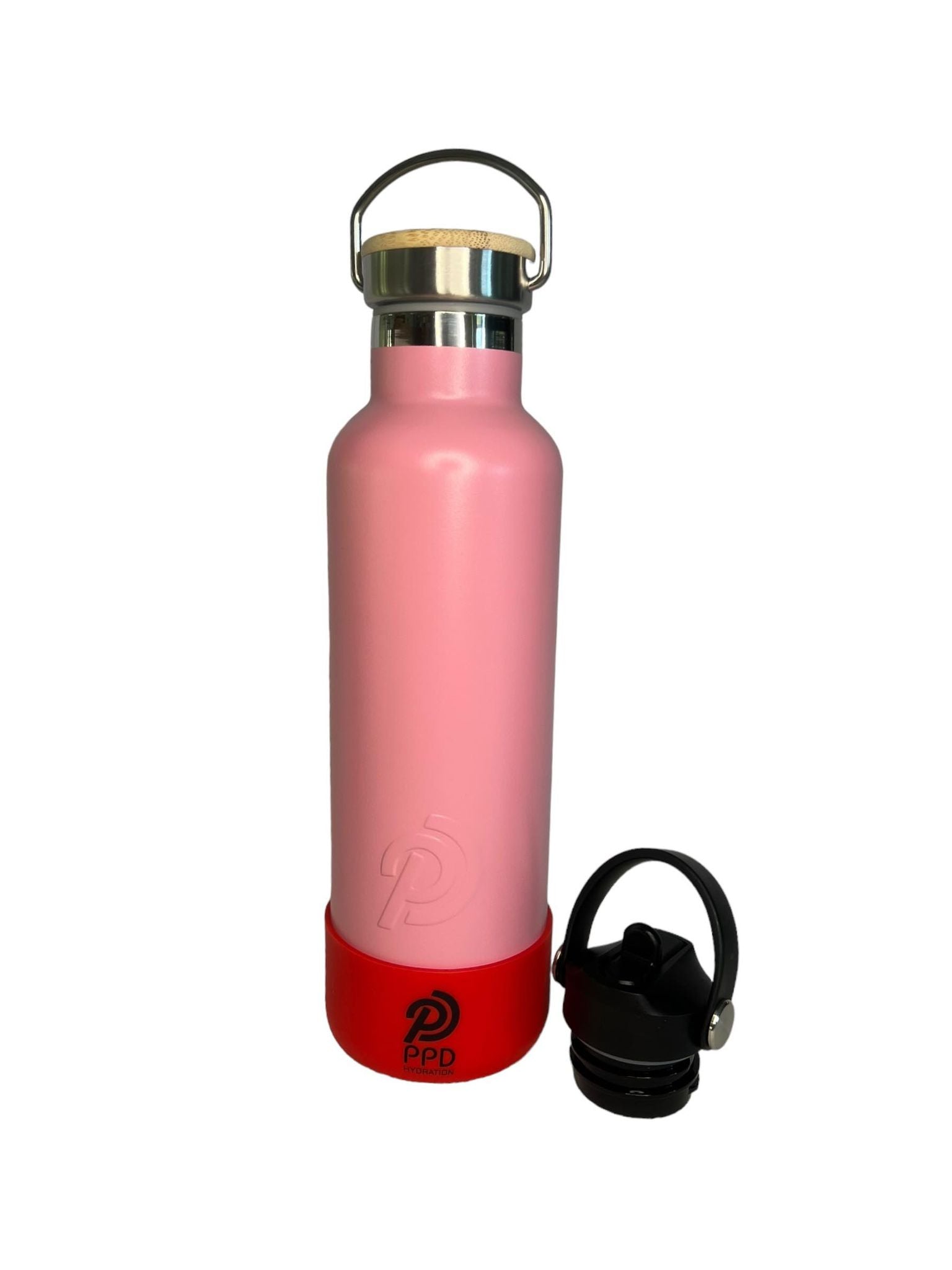 750ml 24oz light pink stainless steel insulated water bottle with red bumper and sports lid
