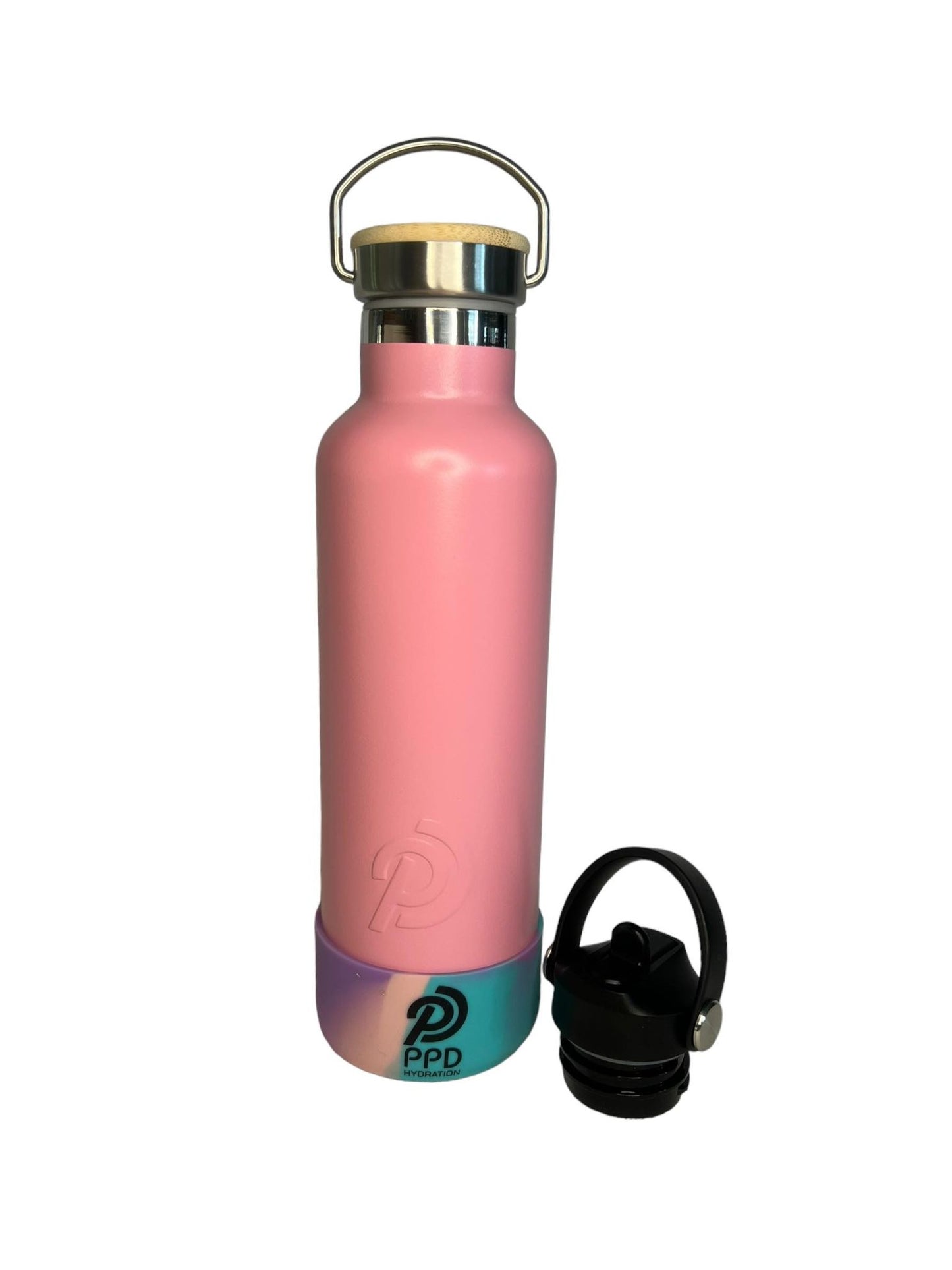 750ml 24oz light pink stainless steel insulated water bottle with teal and purple bumper