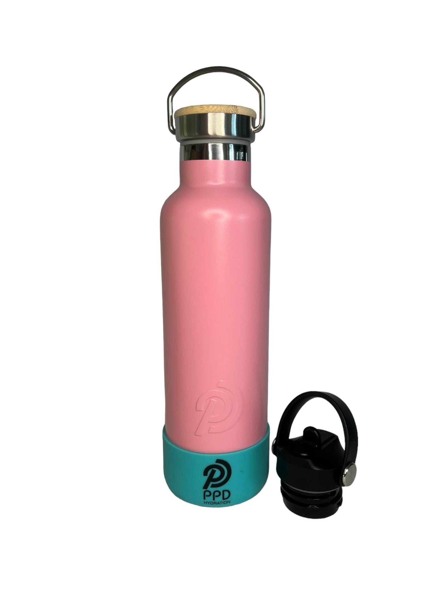 750ml 24oz light pink stainless steel insulated water bottle with teal bumper and sports lid on side