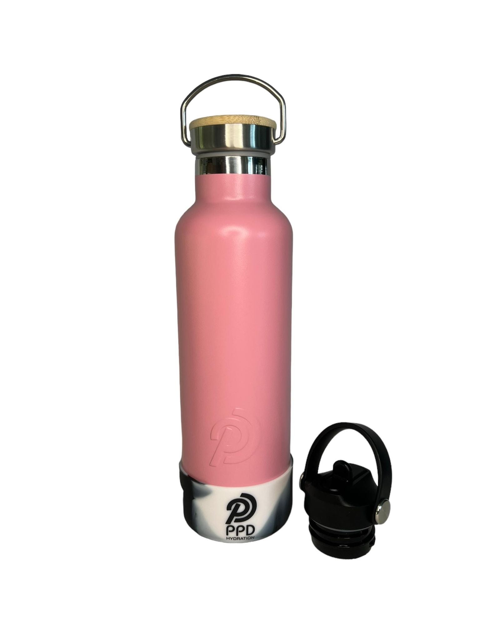 750ml 24oz light pink stainless steel insulated water bottle with white and black bumper