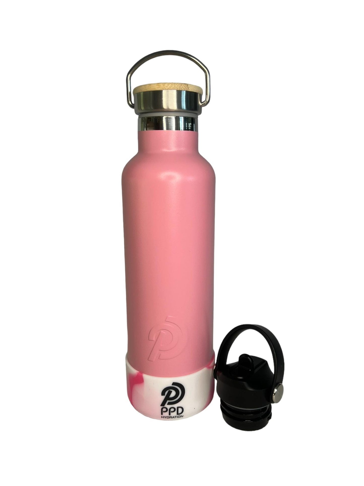 750ml 24oz light pink stainless steel insulated water bottle with white and pink bumper