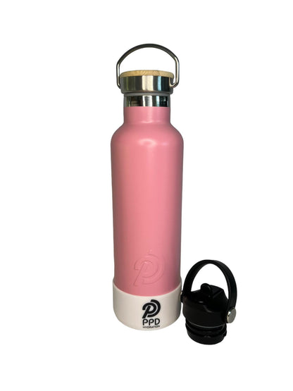 750ml 24oz light pink stainless steel insulated water bottle with white bumper and sports lid on side
