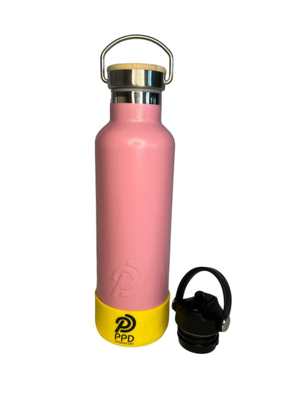 750ml 24oz light pink stainless steel insulated water bottle with yellow bumper and sports lid