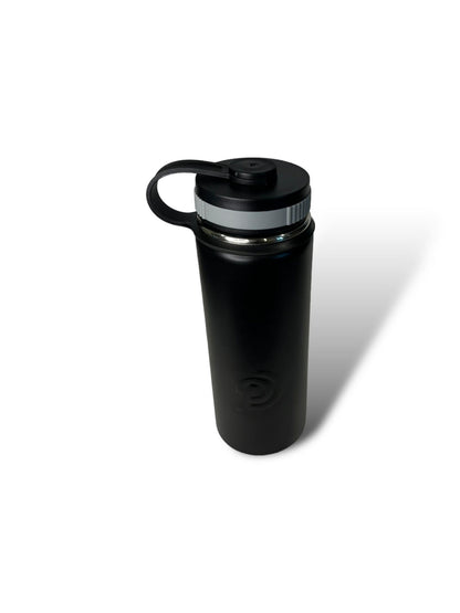 black 750ml 25oz stainless steel double insulated water bottle and sports lid closed with long straw engravable