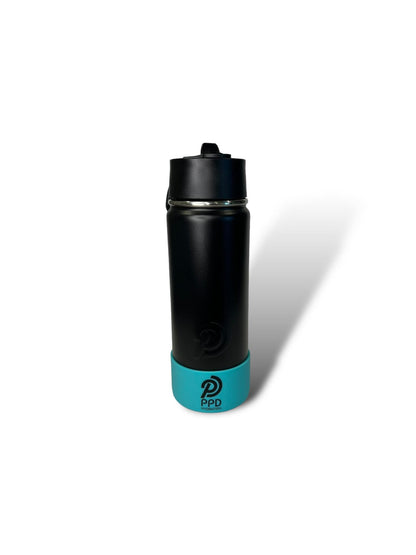 black 750ml 25oz stainless steel double insulated water bottle with Teal bumper and sports lid with long straw engravable