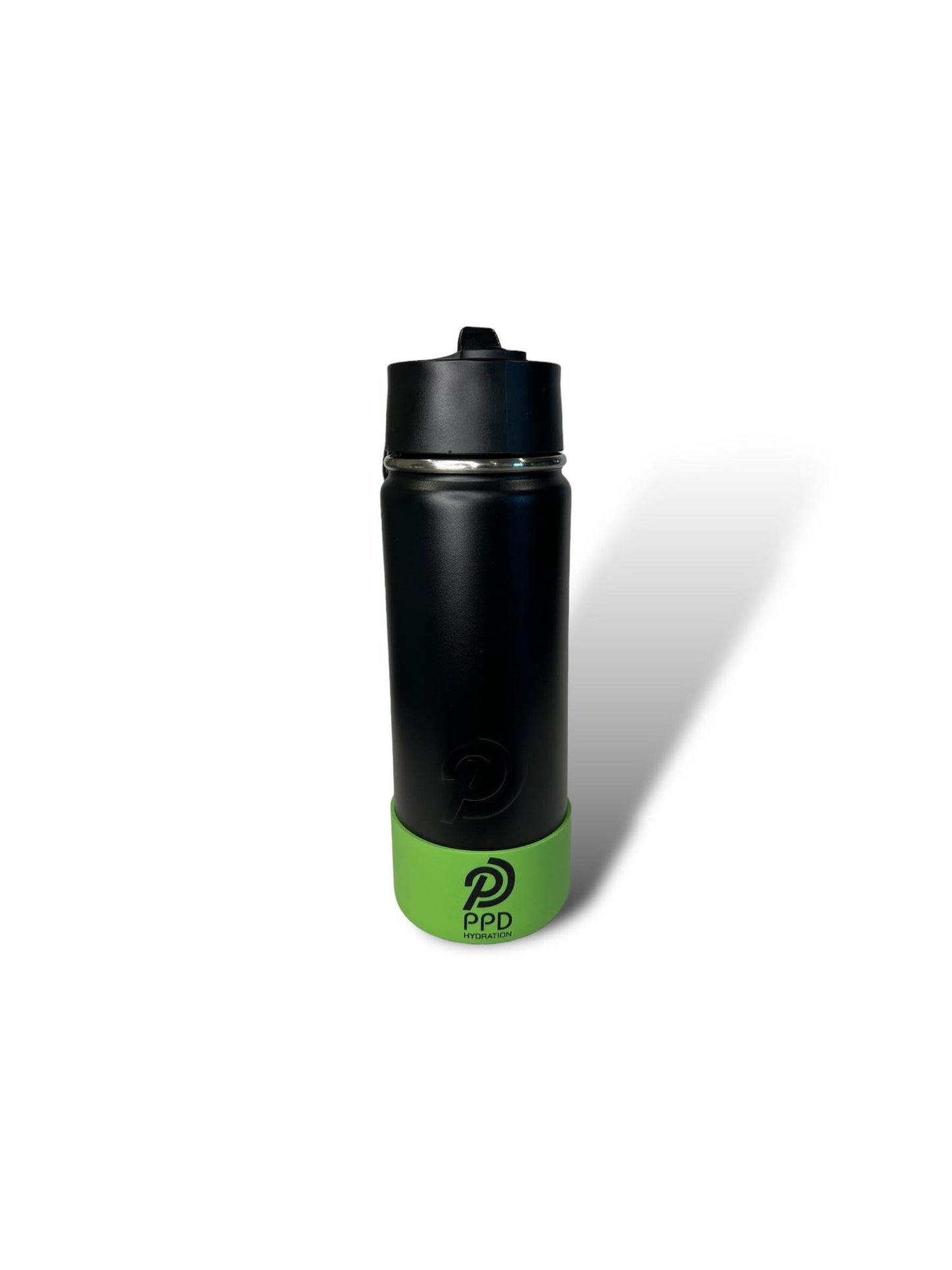 black 750ml 25oz stainless steel double insulated water bottle with green bumper and sports lid with long straw engravable