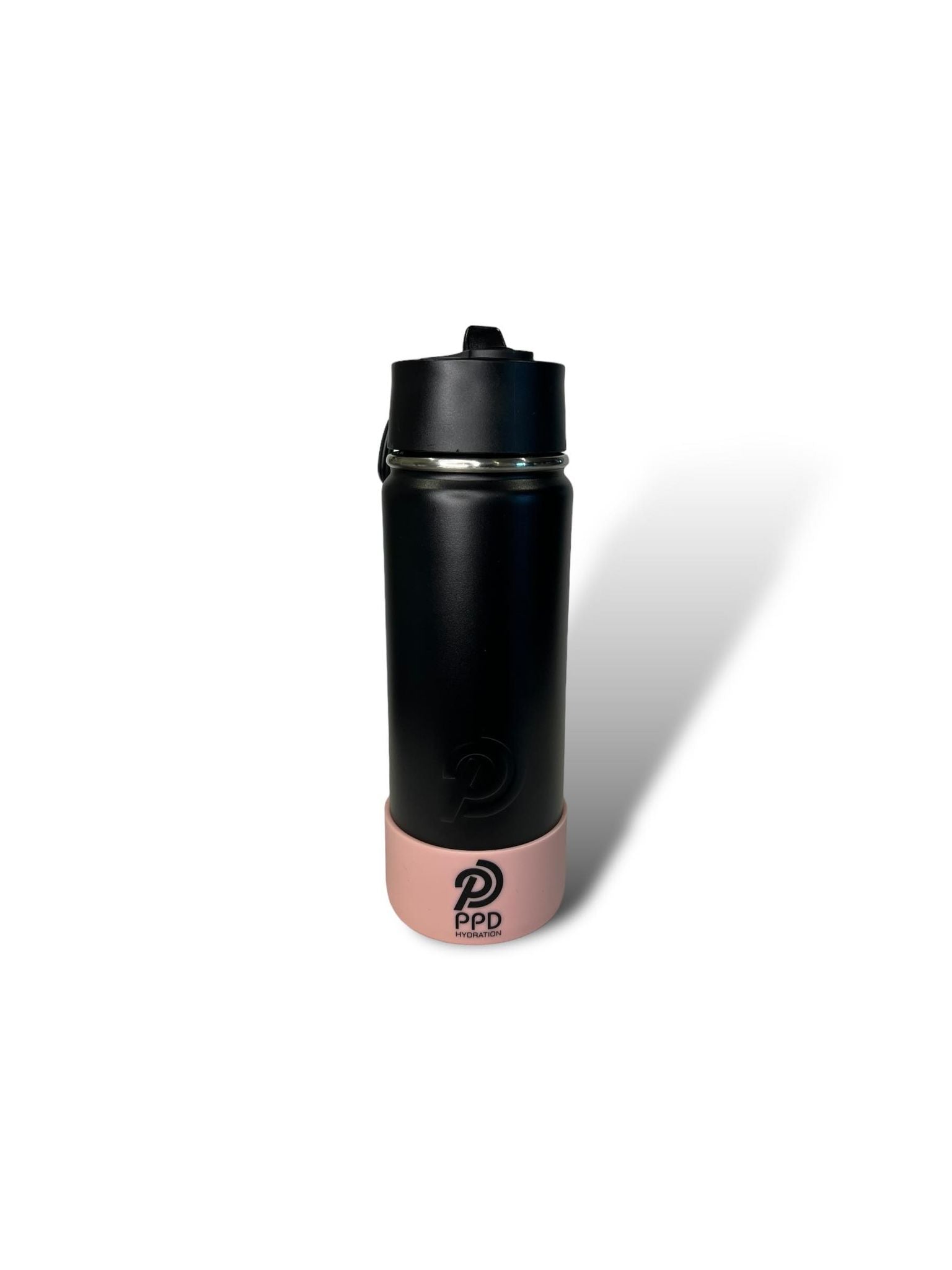 black 750ml 25oz stainless steel double insulated water bottle with light pink bumper and sports lid with long straw engravable