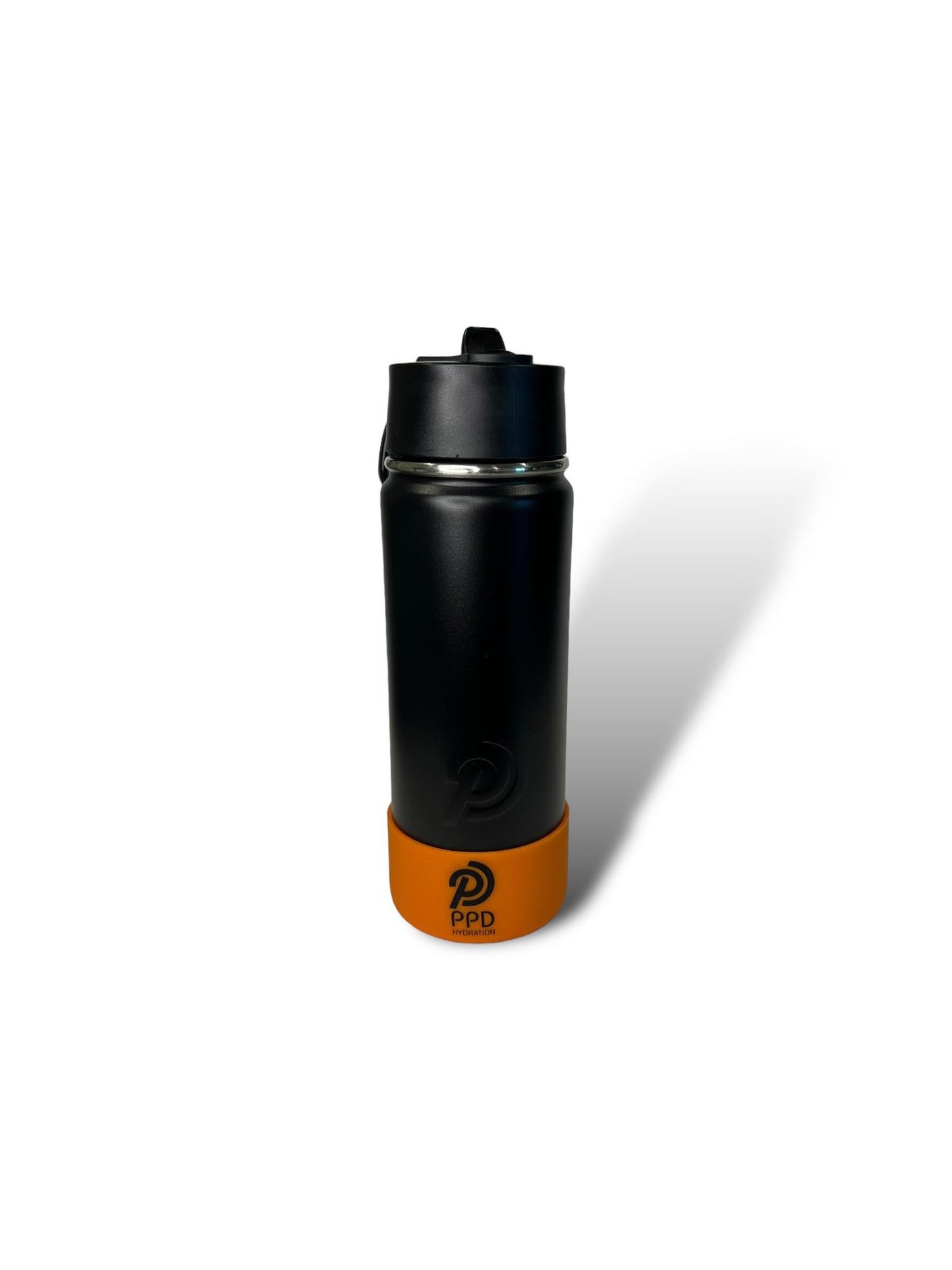black 750ml 25oz stainless steel double insulated water bottle with orange bumper and sports lid with long straw engravable