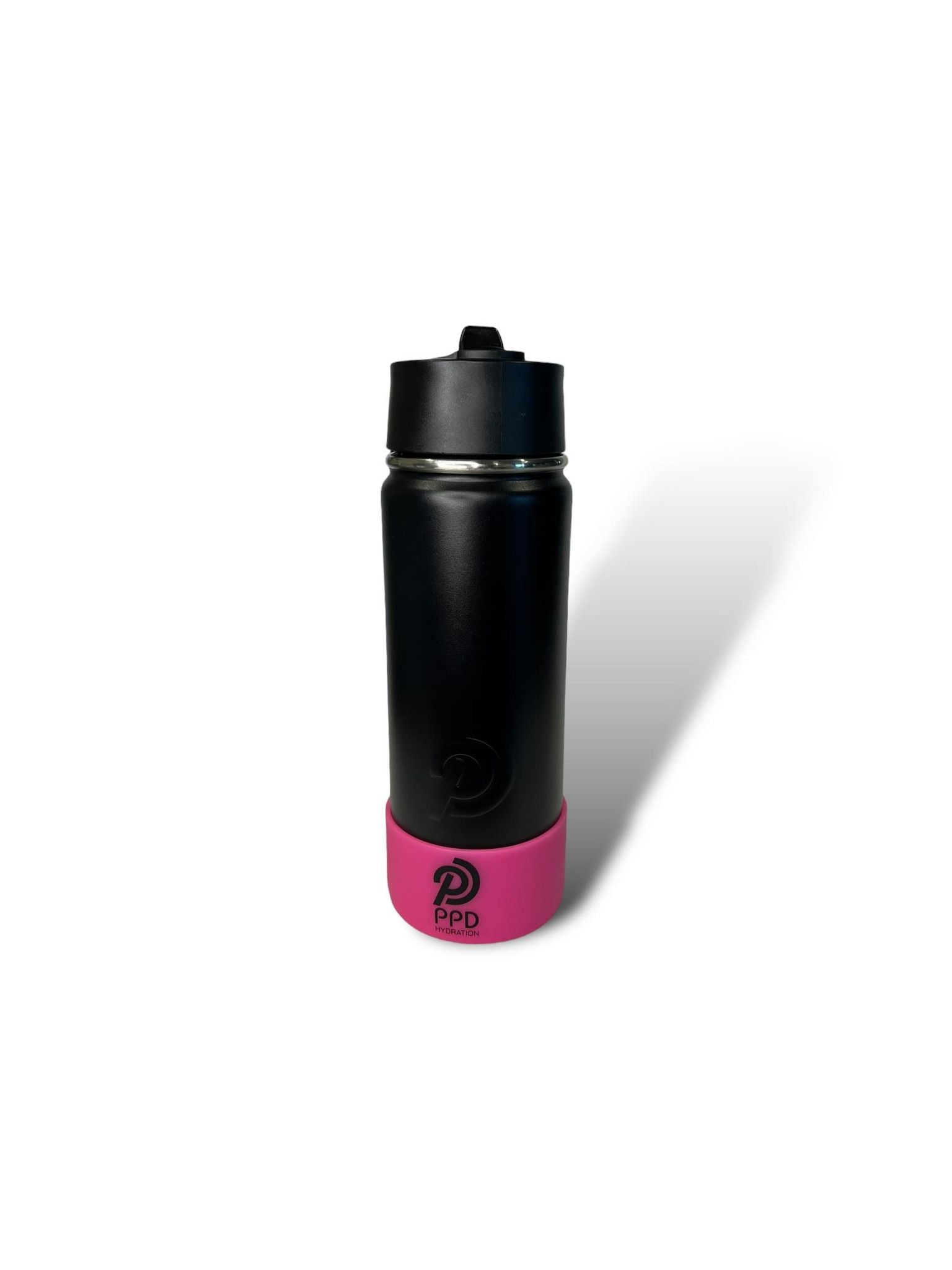 black 750ml 25oz stainless steel double insulated water bottle with pink bumper and sports lid with long straw engravable