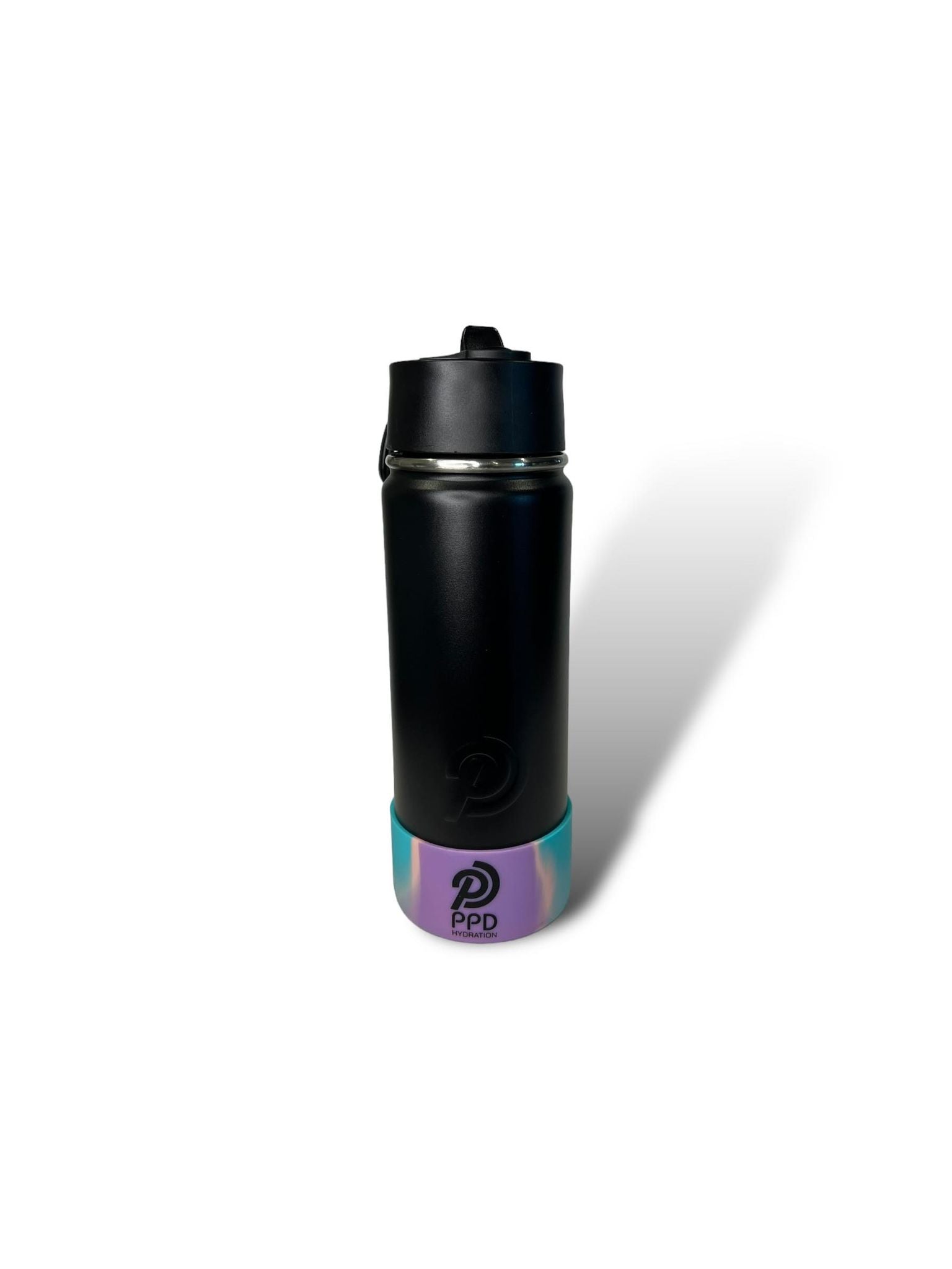 black 750ml 25oz stainless steel double insulated water bottle with purple and Teal bumper and sports lid with long straw engravable