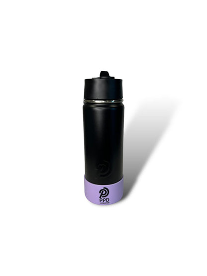 black 750ml 25oz stainless steel double insulated water bottle with purple bumper and sports lid with long straw engravable