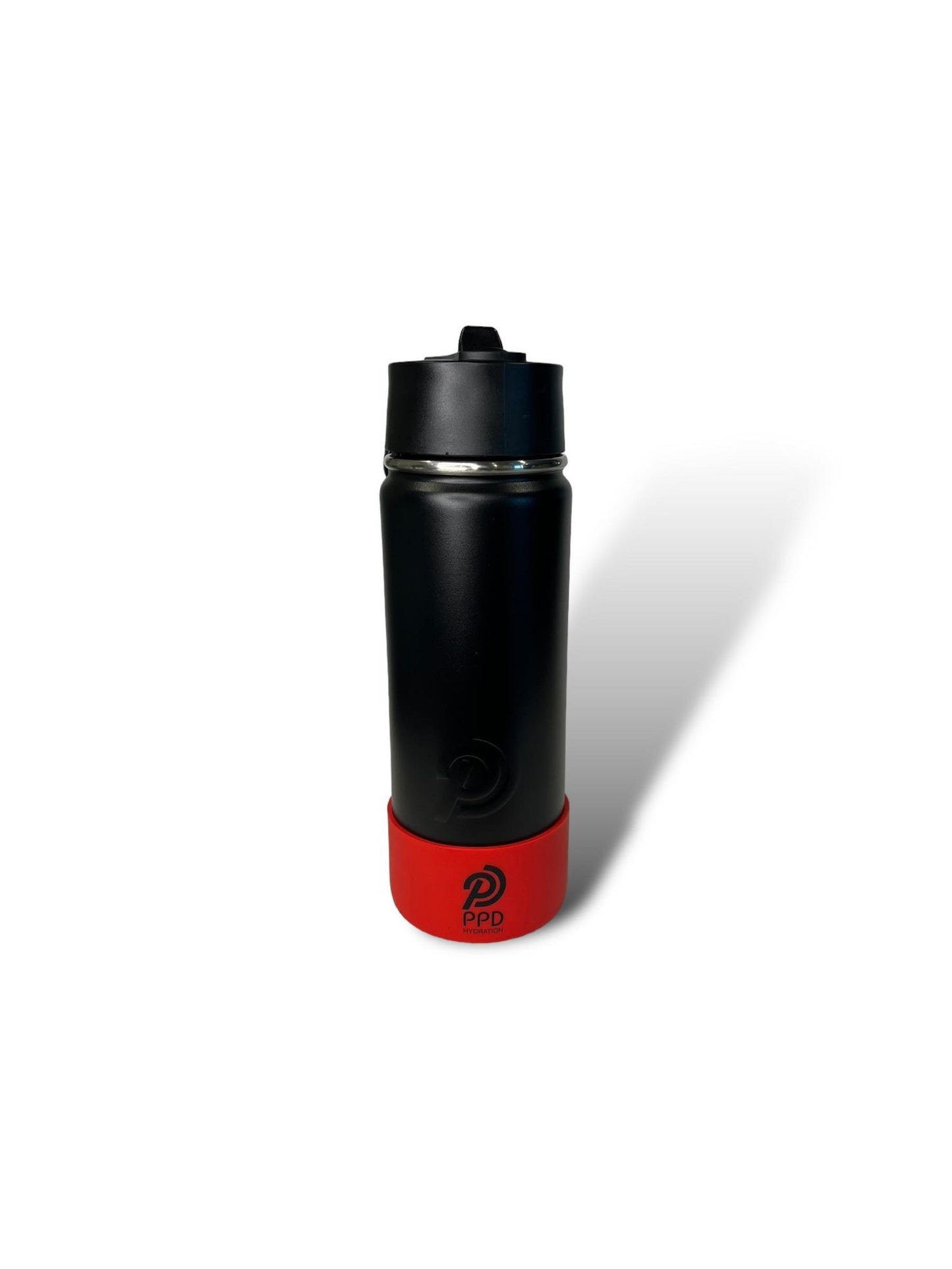 black 750ml 25oz stainless steel double insulated water bottle with red bumper and sports lid with long straw engravable
