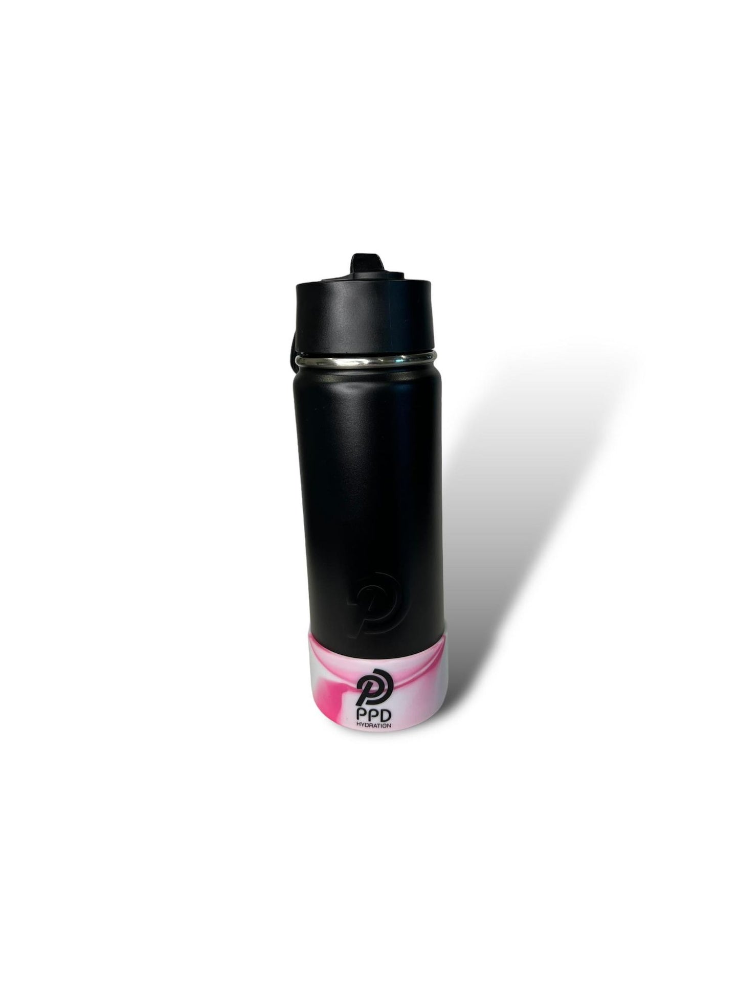 black 750ml 25oz stainless steel double insulated water bottle with white and pink bumper and sports lid with long straw engravable