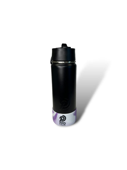 black 750ml 25oz stainless steel double insulated water bottle with white and purple bumper and sports lid with long straw engravable