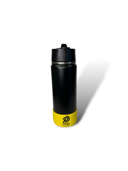 black 750ml 25oz stainless steel double insulated water bottle with yellow bumper and sports lid with long straw engravable