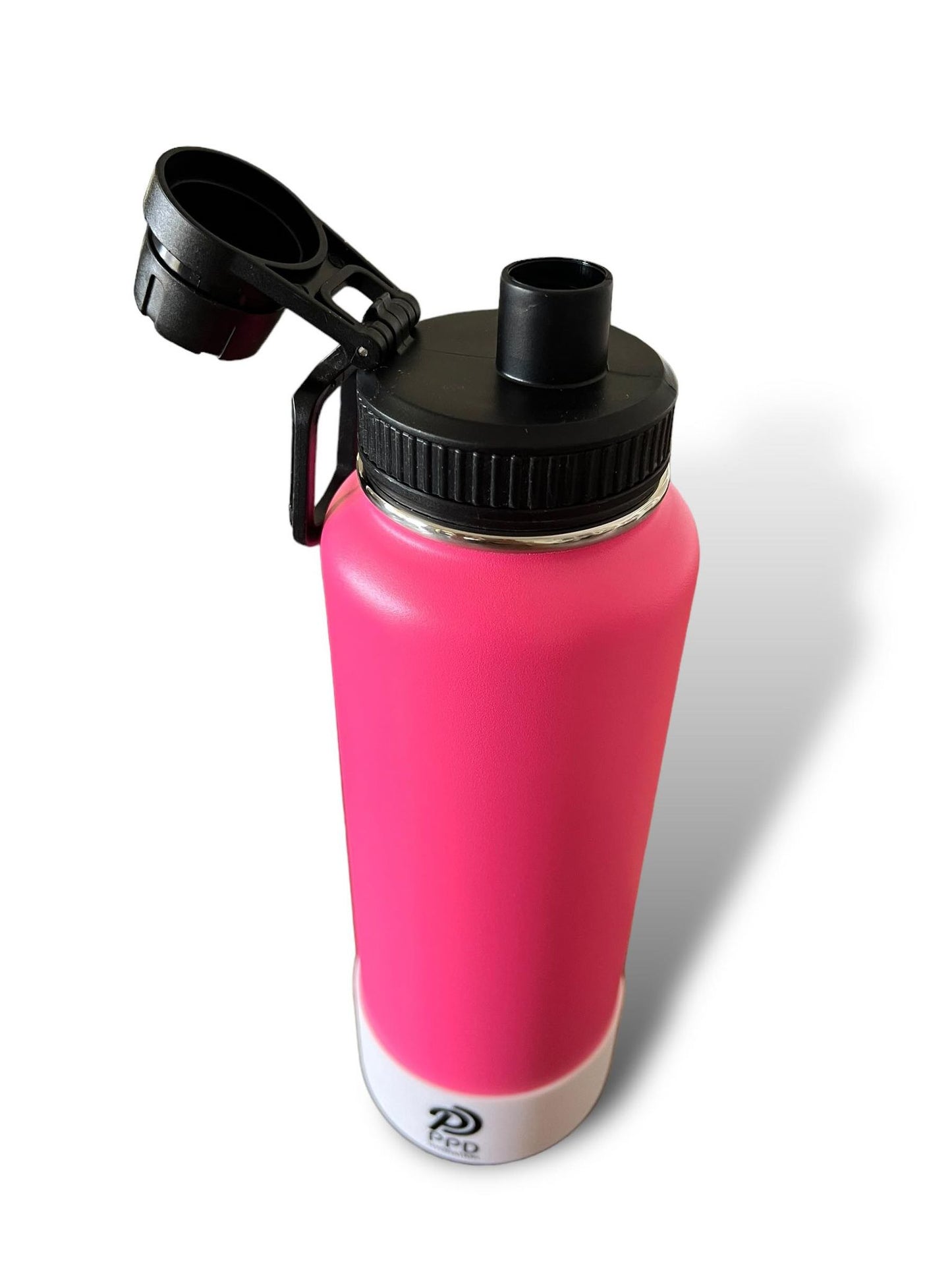 hot pink water bottle with white bumper 750ml 25oz stainless steel double wall insulated with lid and straw engravable