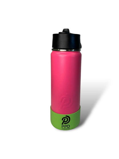 hot pink with green bumper 750ml 25oz stainless steel double insulated water bottle with sports lid with straw engravable